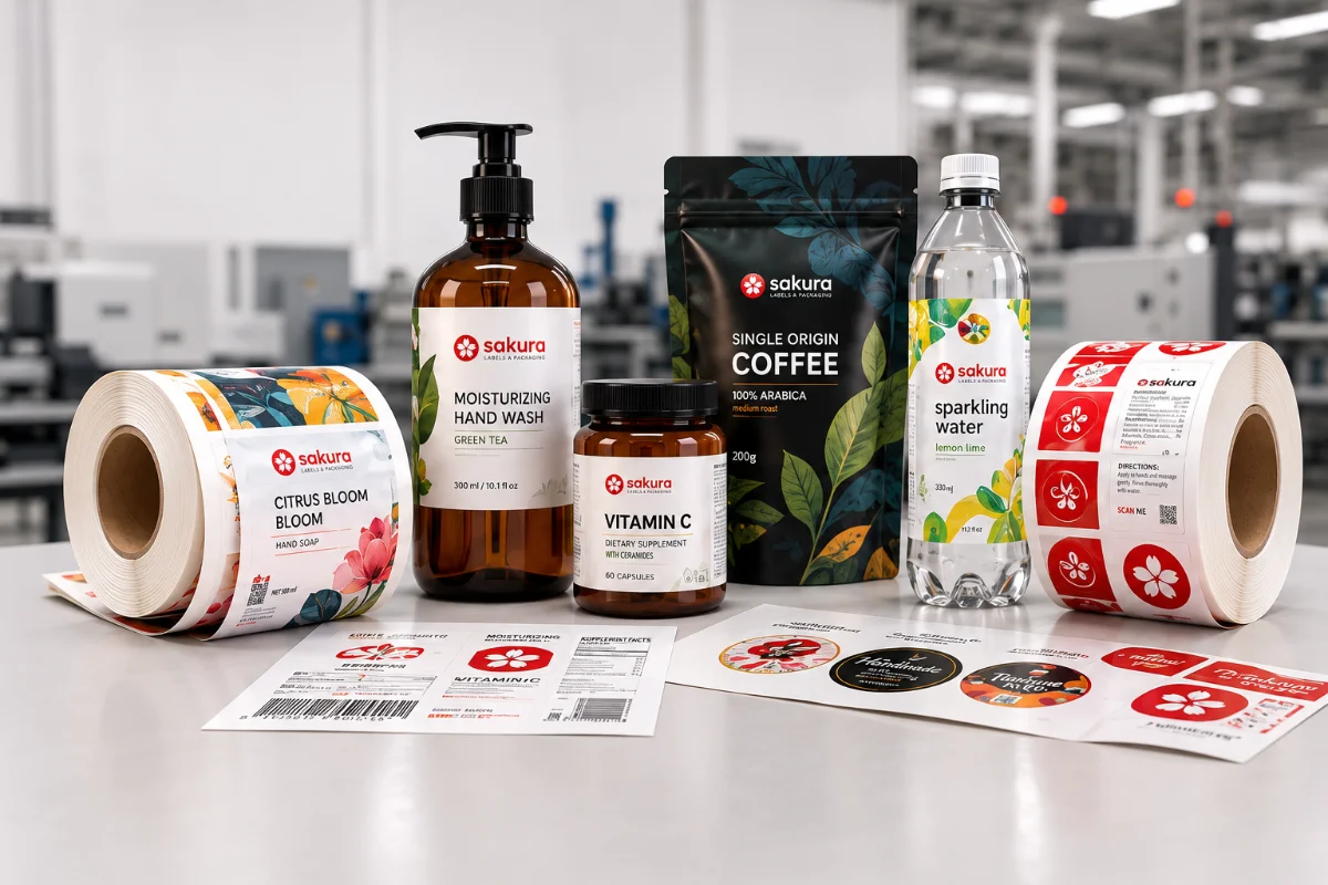 Sakura Labels sticker sheets and rolls on a variety of products